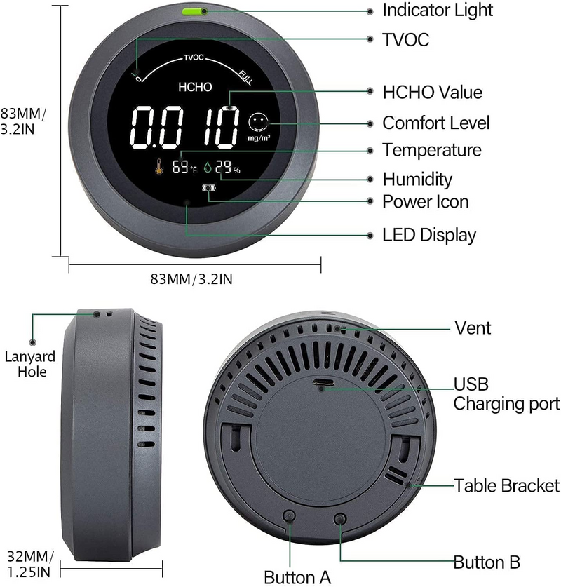 CF-2 Raumluftqualitätsmonitor, für HCHO AQI, TVOC, Temperatur und Luftfeuchtigkeit