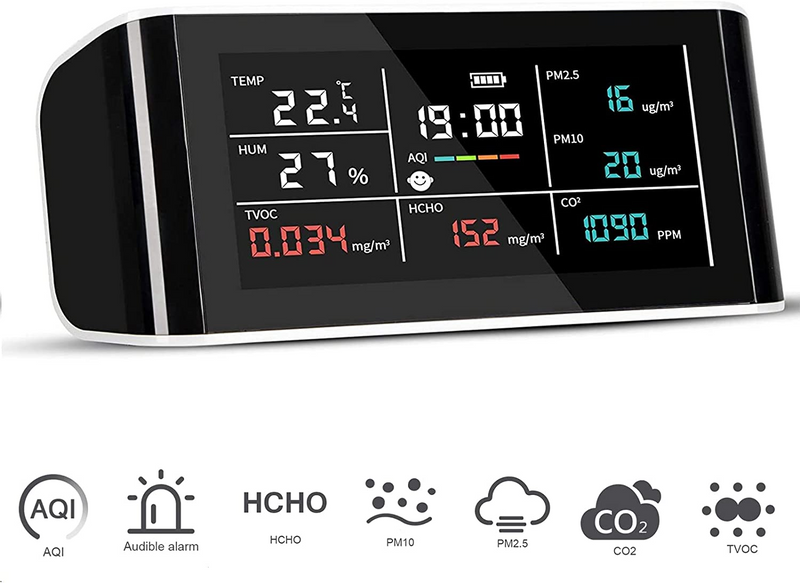 DM-69 Luftqualitätsmonitor 8 in 1 für CO2, PM2.5, PM10, TVOC, HCHO, AQI, Temperatur und Luftfeuchtigkeit