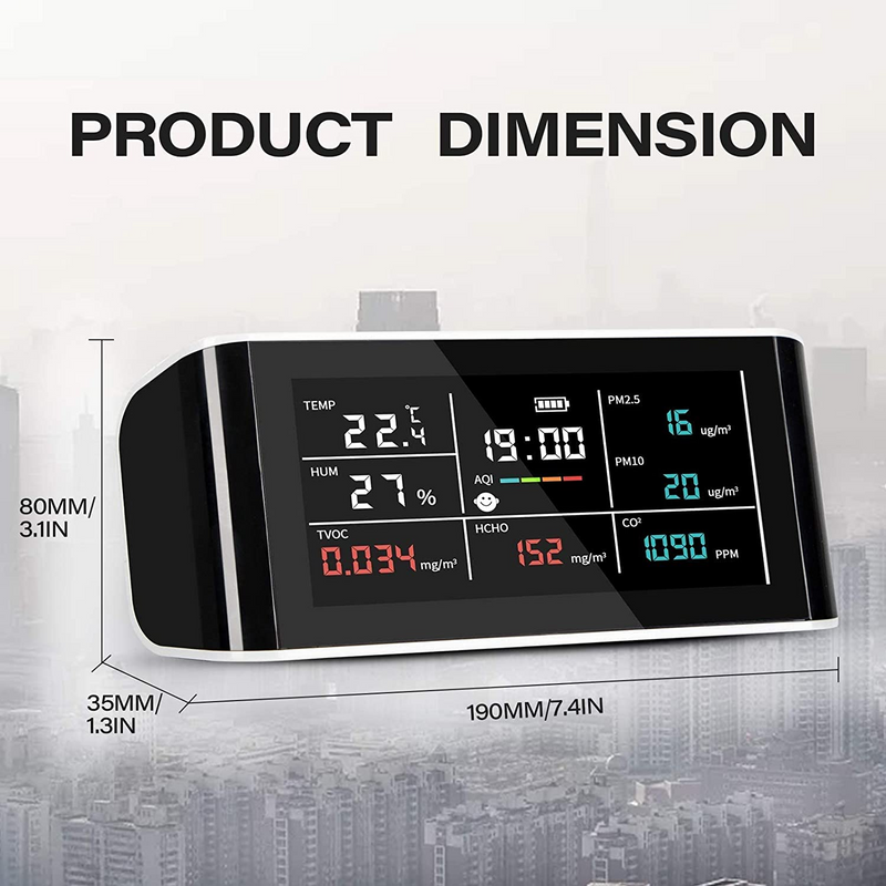 DM-69 Luftqualitätsmonitor 8 in 1 für CO2, PM2.5, PM10, TVOC, HCHO, AQI, Temperatur und Luftfeuchtigkeit