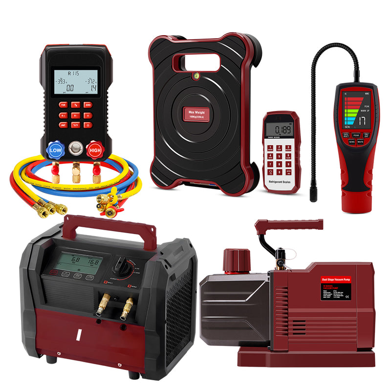 Aprvtio AHTS-300 PRO HVAC Tools for System Maintenance with Digital Manifold, Temperature Clamps, Infrared Refrigerant Leak Detector, DC Brushless Recovery Machine, Dual Stage 10 CFM Cordless Battery Driven Vacuum Pump, Bluetooth Refrigerant Scale