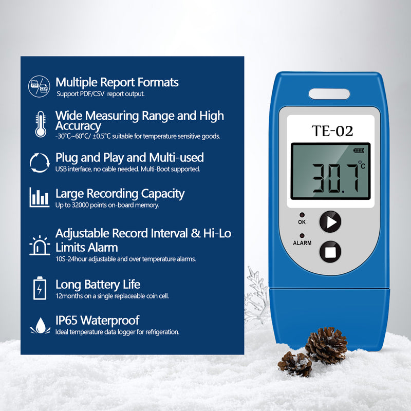 ThermElc TE-02 PRO 5PCS Reusable USB Temperature Data Logger with 32000 Points Light Alarm